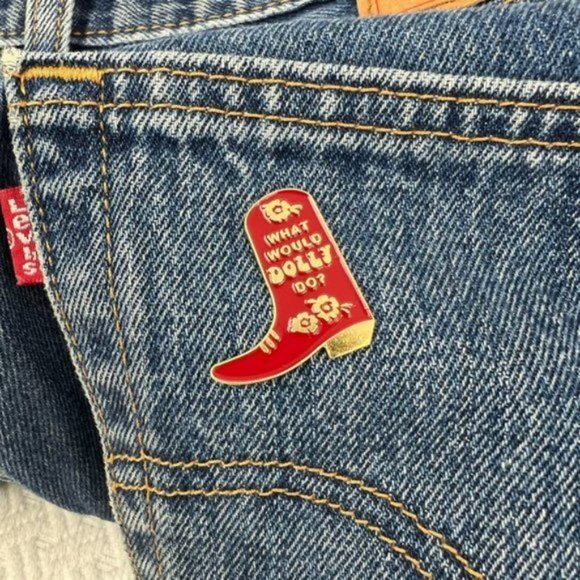 "What Would Dolly Do?" Enamel Cowboy Boot Red Gold Pin - Vintage Western Country - Picture 5 of 5